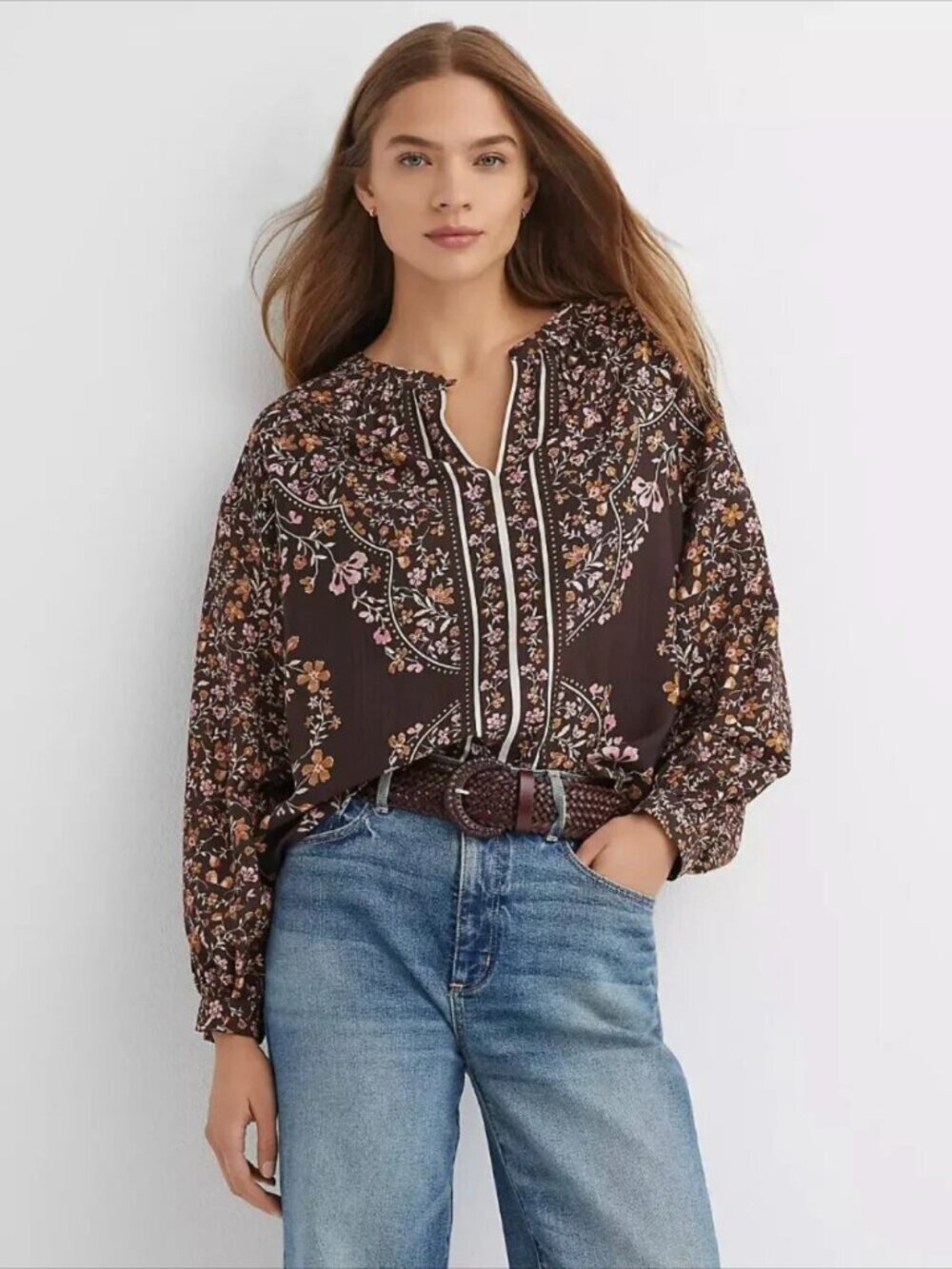 LOFT | Floral Split Neck Blouse L